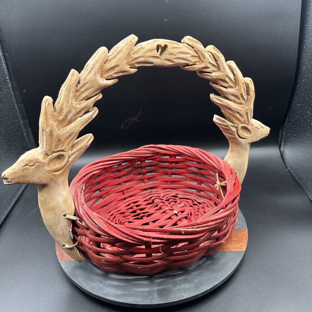 Vintage Hand Carved Deer Handle Christmas Basket Folk Art Cottage Granny Unique